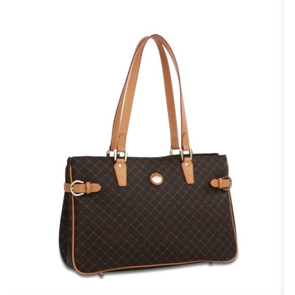 Rioni Signature Brown Monogram Buckled Large Tote Leather Handle/Trim